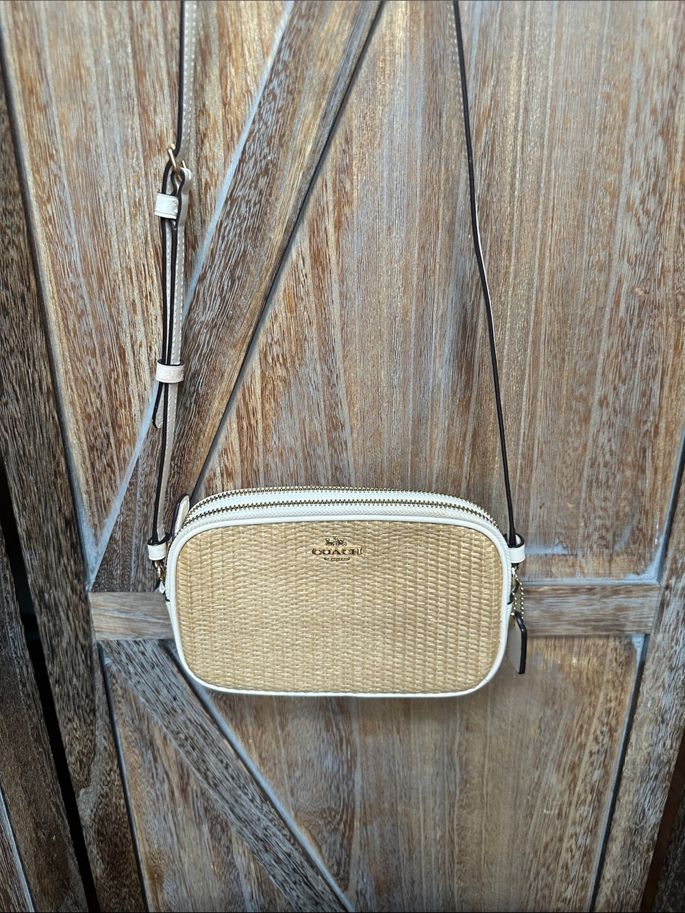 COACH Raffia Straw Crossbody Bag in Natural Chalk Trim & Coach Tag Charm